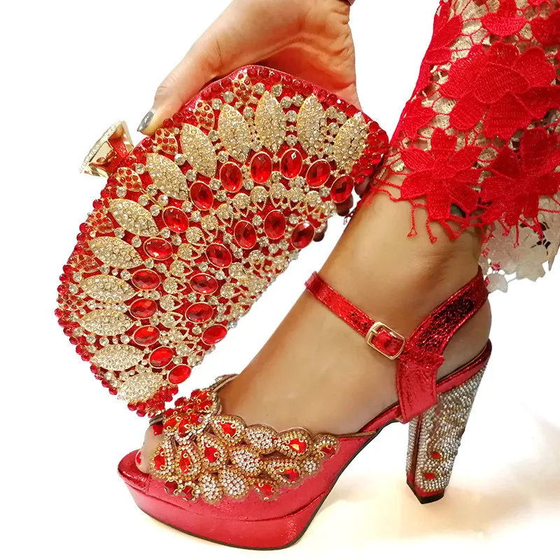 Red Italian Shoes with Matching Bag for Woman Italian Shoes and Bag Set High Quality African Wedding Shoe and Bag Red Italian Shoes with Matching Bag for Woman Italian Shoes and Bag Set High Quality African Wedding Shoe and Bag