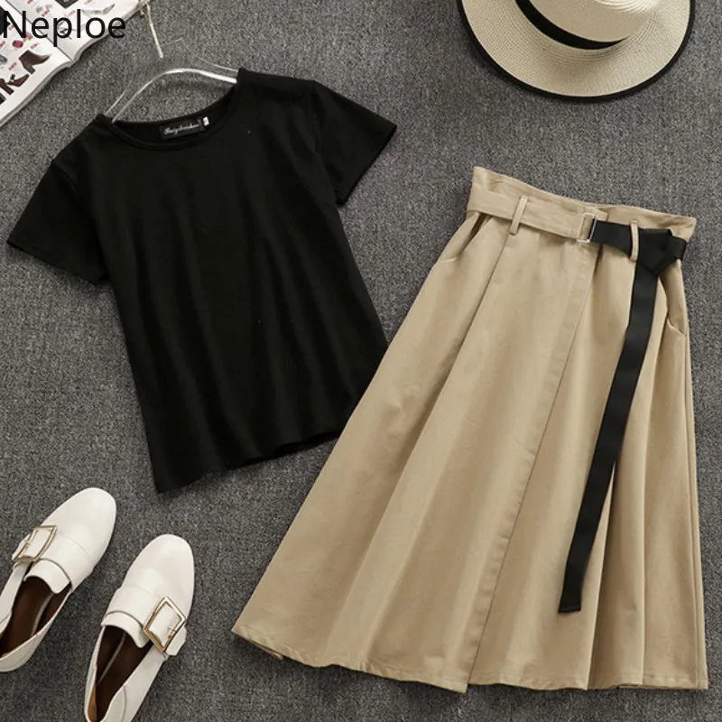 

Neploe Women 2 Piece Outfit Spring 2019 O-Neck Short Sleeve T Shirts or Tank+Solid Irregular Sashes Skirt Women Sets 43314
