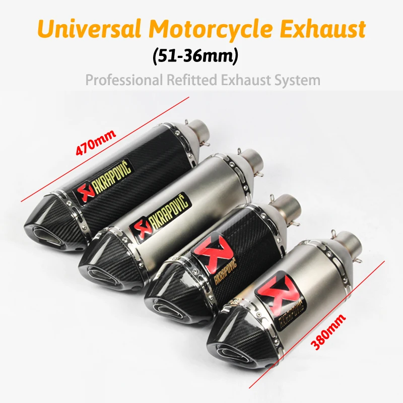 

51MM Unversal Akrapovic Exhaust Motorcycle Muffler Pipe long 470mm 380mm Sticker Stainless Carbon Fiber DB Killer For Dirt Bike