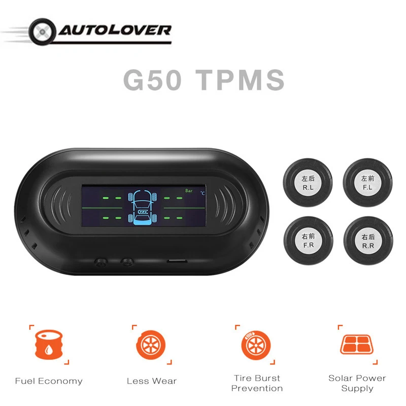 

G50 Car TPMS Solar Powered 4 External Sensors Mini-Design Power +USB Cable Charging Sensor Lower Power