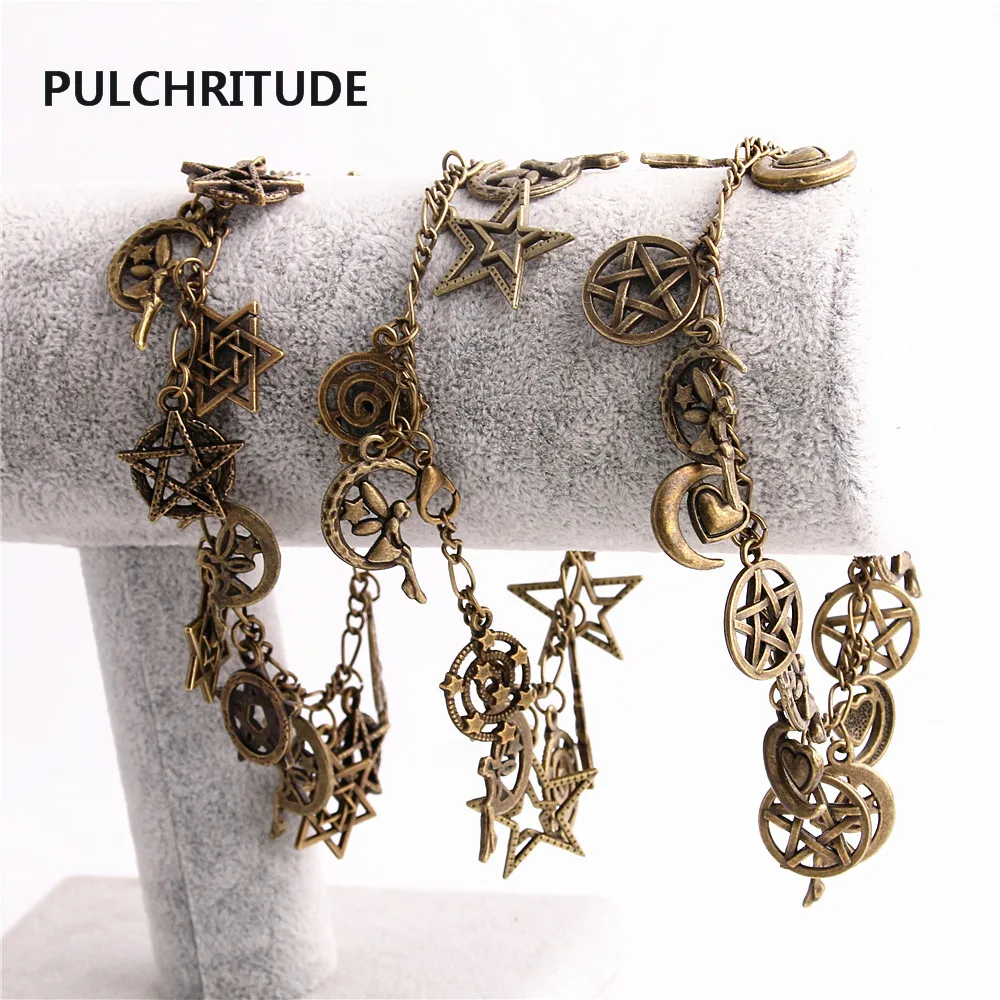 

PULCHRITUDE 1 Piece Metal Alloy Zinc Antique Bronze Bracelet Star Pendant Charm Chain Bracelet Moon Diy Jewelry Making C0612