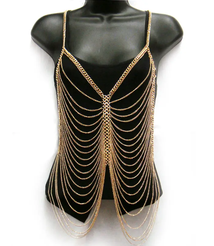 Free shipping,Long Layered Gold Chain Vest Draping Bib Necklace Harness