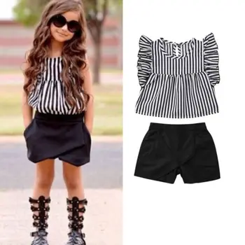 

2Pcs Kids Baby Girl Brand New Outfits Striped Print Sleeveless Blouse Tops High Waist Black Shorts Summer Stylish Clothes Set