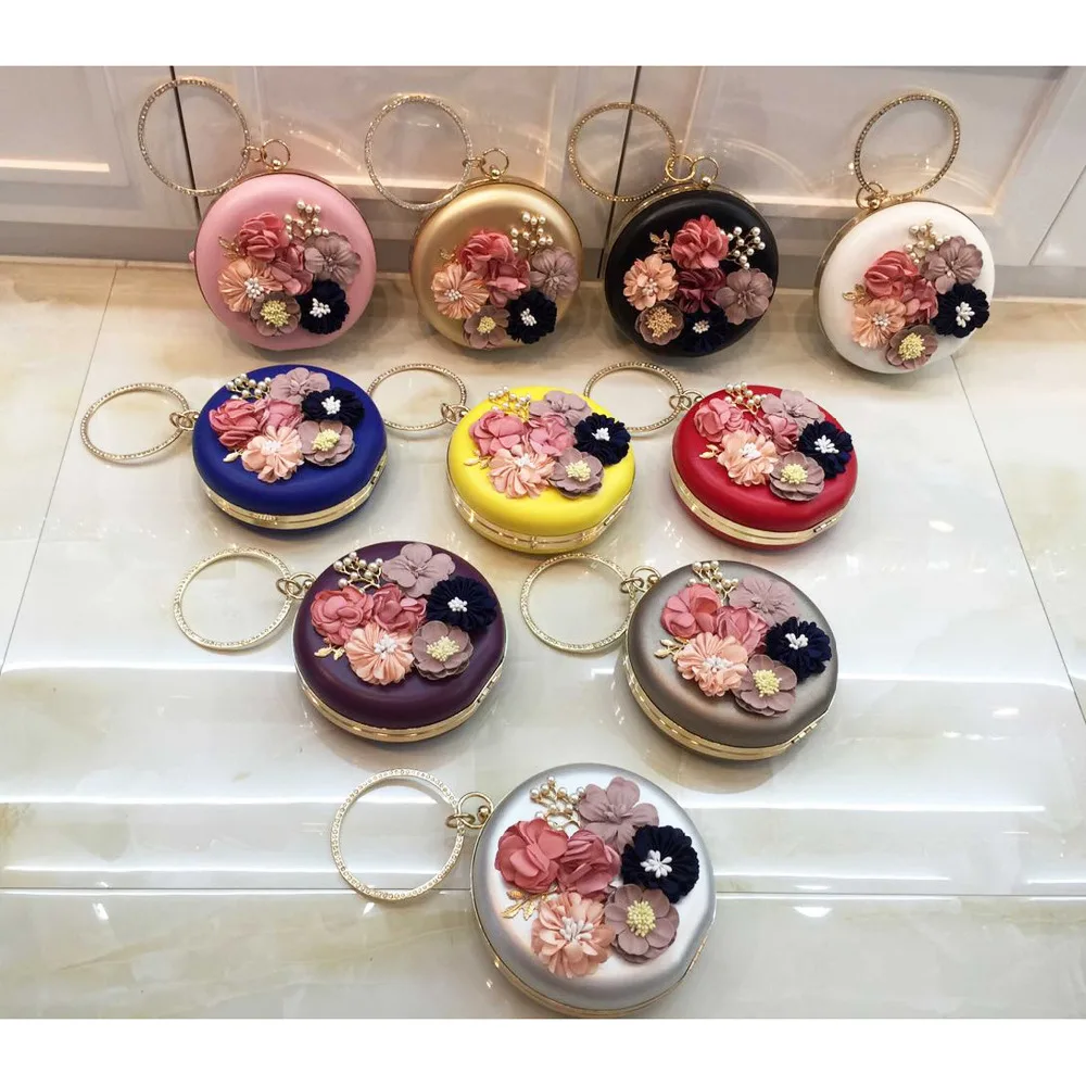 Circular pu Flower Women Clutch Evening Bag Lovely Black Wristlets Floral party Bag Wedding pochette Female Handbag x55
