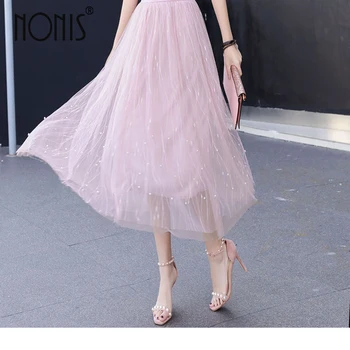 

Nonis New 2018 Spring Summer Women Hollow out Net cloth Floral A line Pleated long skirt Girl Femme Pink Black Skirt