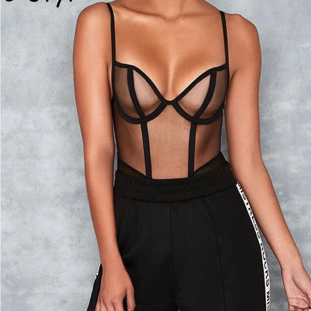 2018 Sexy Mesh Bodysuit Women Tops Black Deep V Neck Sleeveless Elegant Slim Bodycon Bodysuits Rompers Womens  for female