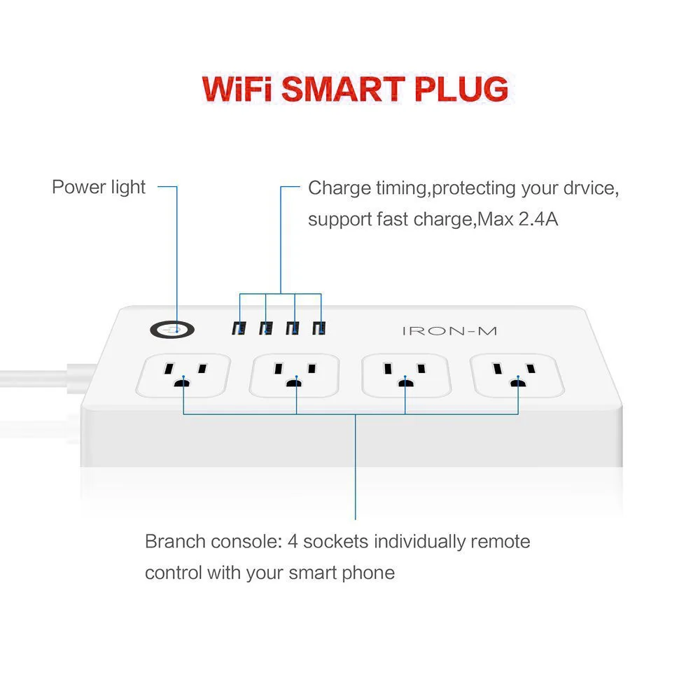 WiFi Smart power Strip 4-Outlet 4-USB умный переключатель розетки удаленно Беспроводное управление через смартфон работа с Alexa