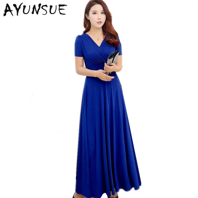 Buy New Slim V neck Women Summer Dress 2018 Royal Blue Casual Dress Women Maxi
