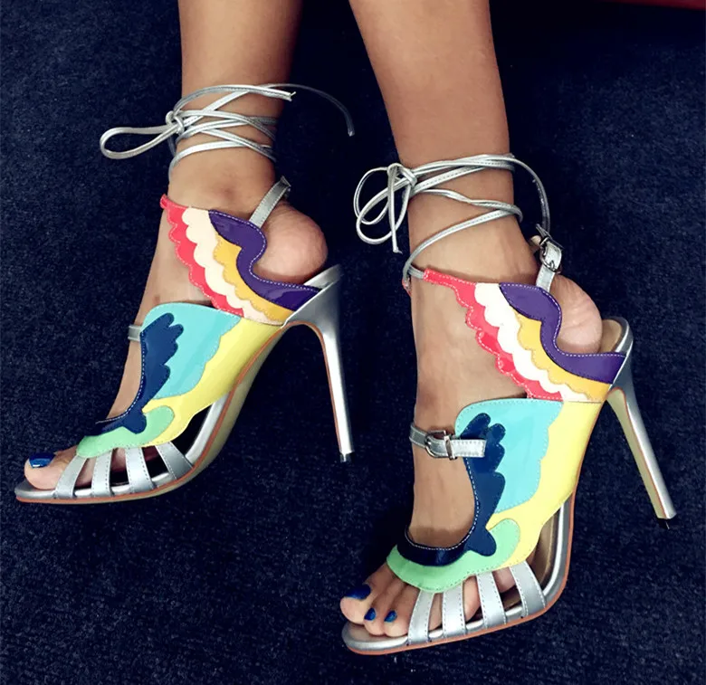 

Colorful Mixed Women Sandals Top Leather Gladiator Summer High Heels Strappy 10cm Heels Valentine Formal Dress Pumps Sandalias