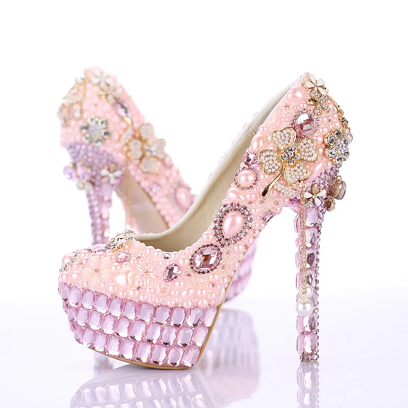 

2018 Handmade Charming Bridal High Heels Formal Dress Shoes Gorgeous Pink Pearl Platform Round Toe Wedding Shoes