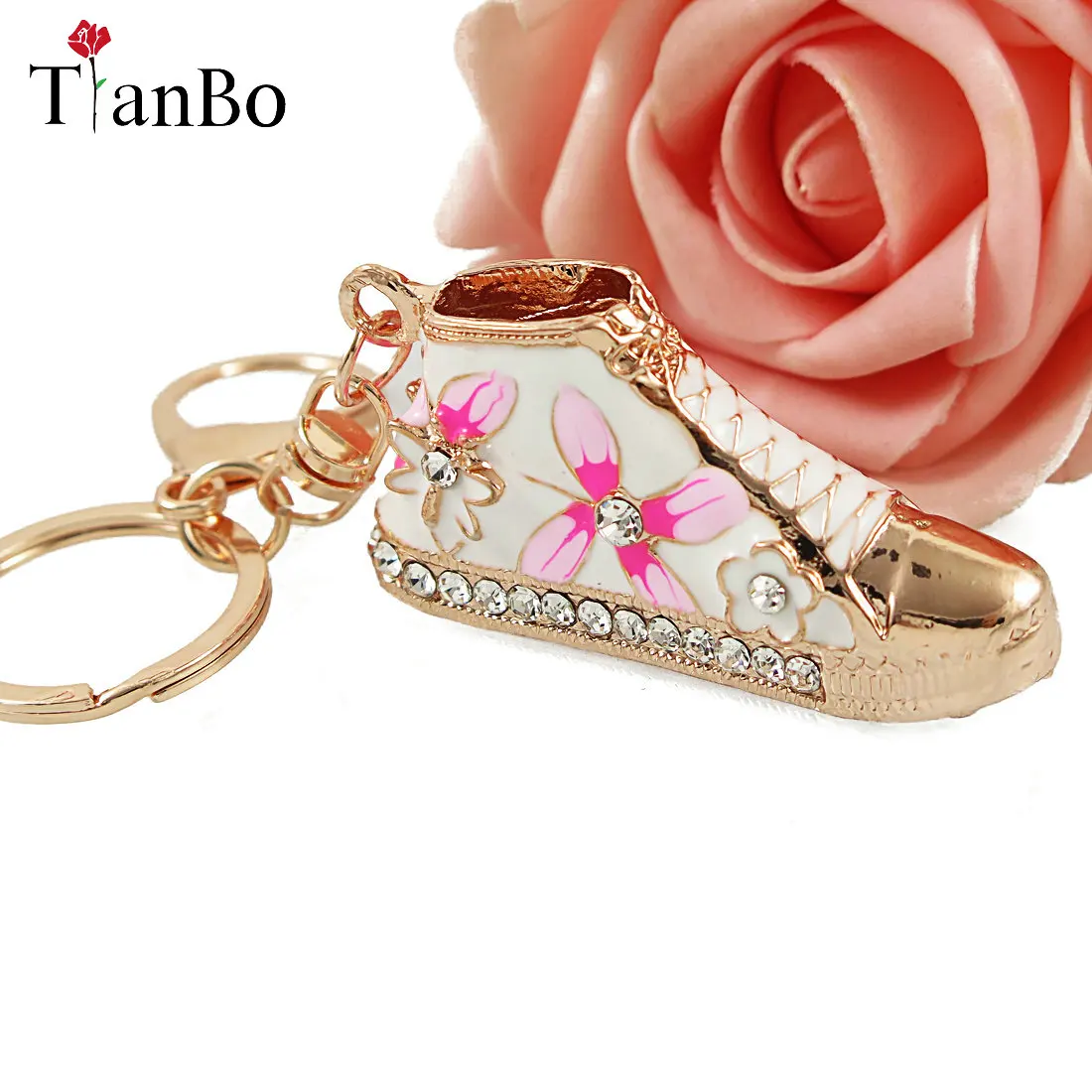

TianBo Exquisite Cute Mini Alloy Crystal Enamel flower Shoe Key Chain Bag Charm Key Ring Key Holder Boot Keychain jewelry