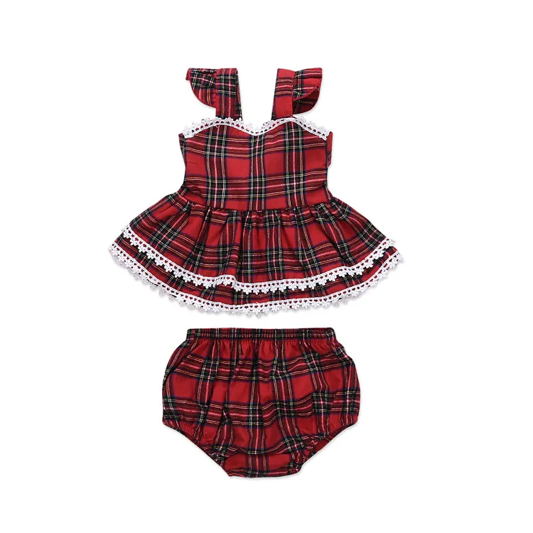 

2019 Brand New Newborn Toddler Baby Girls 2PCS Sets Clothes Short Petal Sleeve Red Plaid Lace Ruffles Tops PP Shorts Outfit 0-3Y