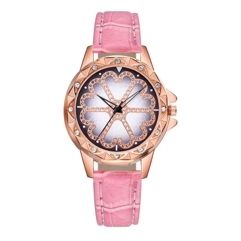 Pink Relogio feminino Для женщин Роскошные Модные горный хрусталь циферблат кожаный ремешок аналоговые Кварцевые женские наручные часы браслет часы A20 - Цвет: Pink
