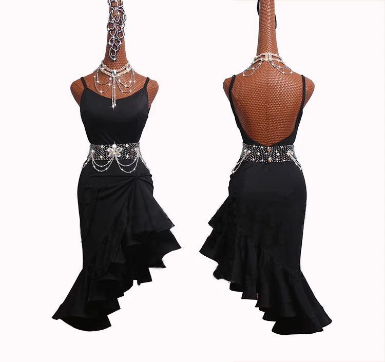 Новое платье для латинских танцев с узором, платье на подтяжках, сценические костюмы для выступлений, вечерние костюмы для танцев, черное платье для женщин DM1051 - Цвет: Dress and Belt
