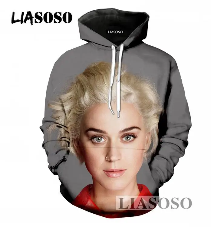 

LIASOSO Unisex Harajuku Hoodies Sweatshirts 3D Print Pullovers Short Hair Katy Perry Casual Long Sleeve Tracksuits Clothing T732