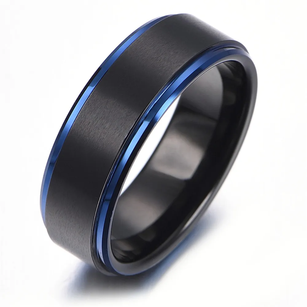 8MM Tungsten Black & Blue Mens Ring KR0659in Rings from Jewelry