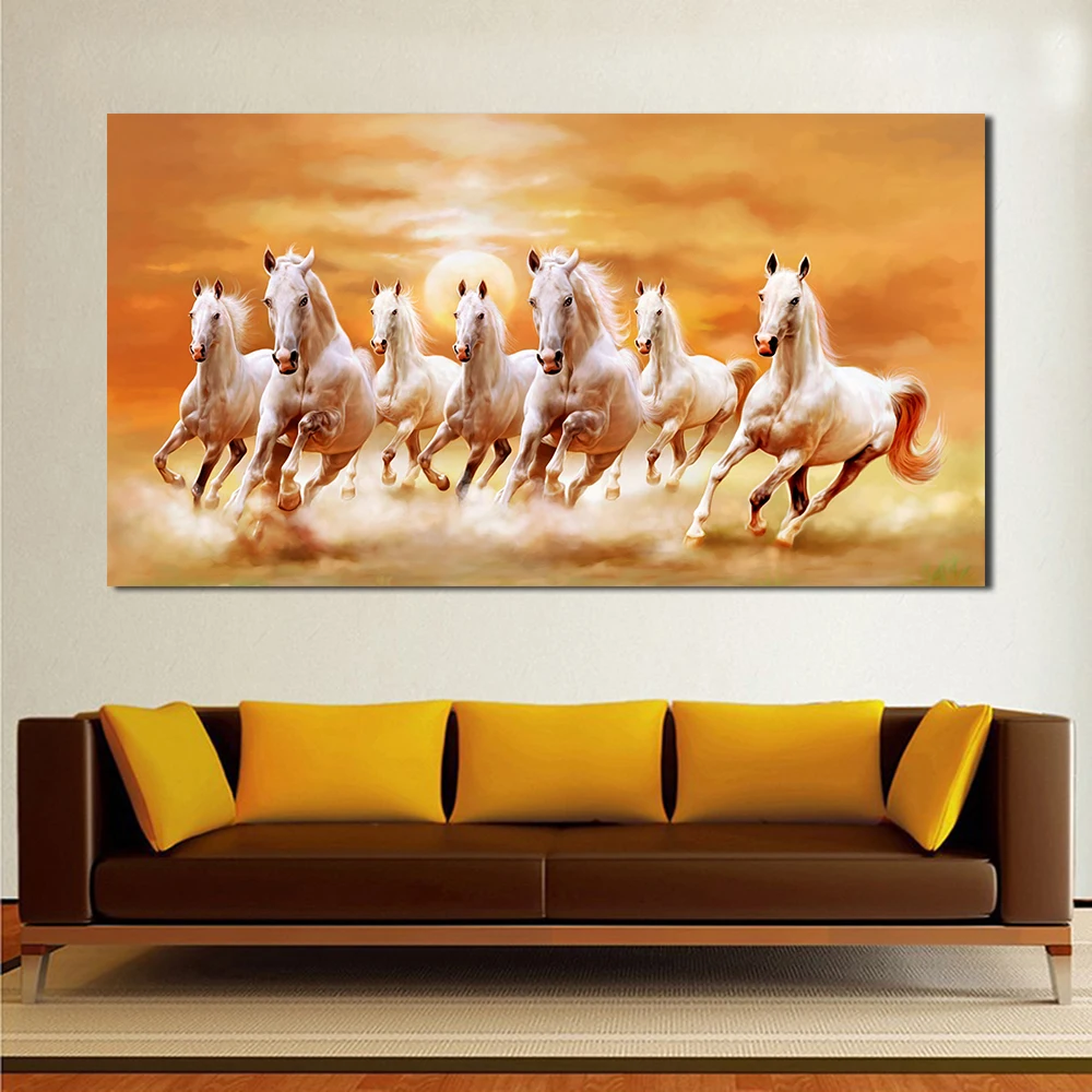 JQHYART семь бегущая Белая лошадь домашние украшения с животными картины на холсте плакаты и принты современные настенные картины для гостиной
