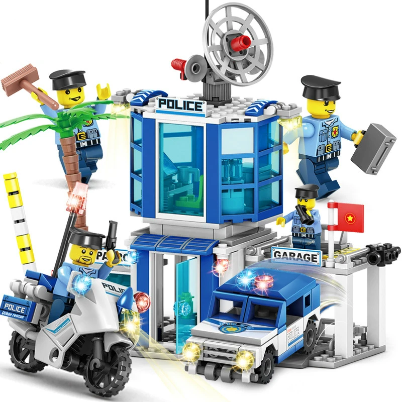 

City Police 4-in-1Traffic Police Station Building Blocks and Traffic Vehicles Childhood Education Intelligence Assembly Boy Toys