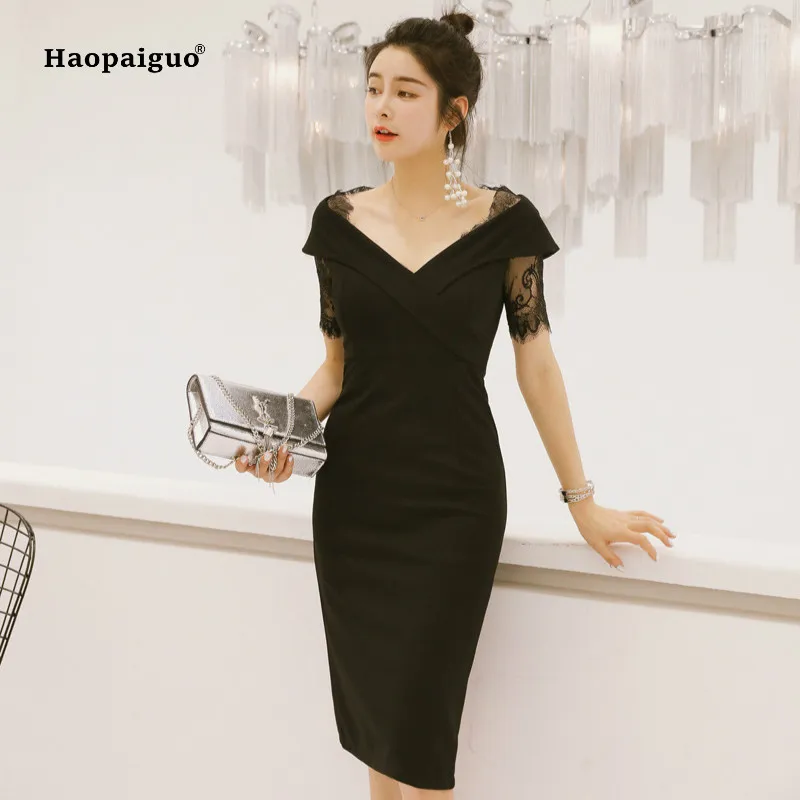 

2022 Solid Summer Pencil Dress Women Black Short Sleeve Off the Shoulder Knee-length Elegant Party Dress Vintage Office Dresses