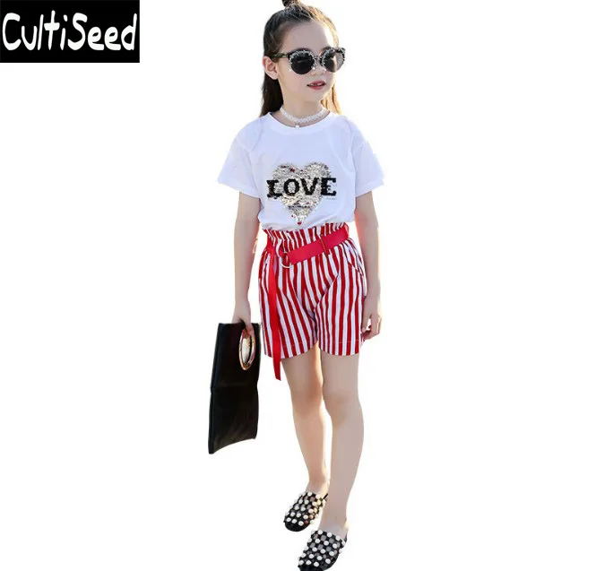 

Girls Summer Sets Clothes Children Sequins Letter Heart T-Shirts+Red Striped Pants 2pcs Sets Students Casual Suits Clothing