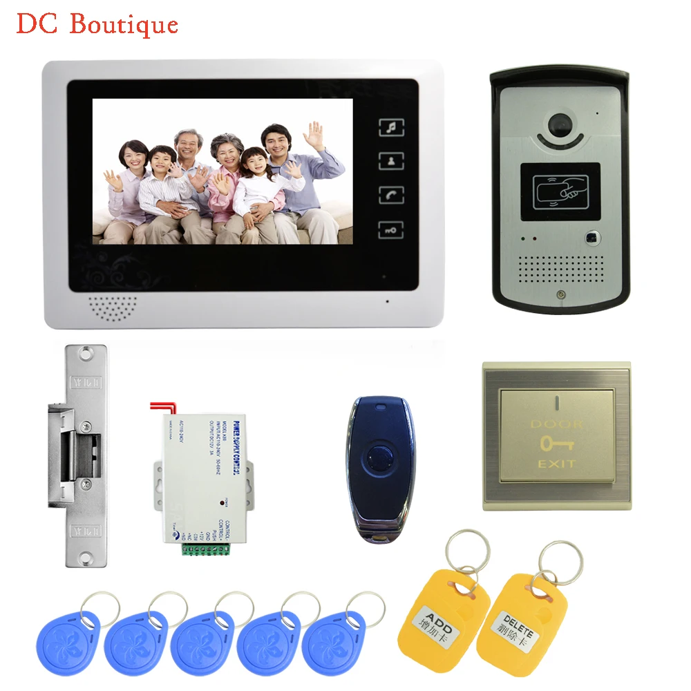 

(1 set) Video Door Phone Door Bell Intercom Color Monitor Access Control Exit button Remote Unlock RFID key fob Free shipping