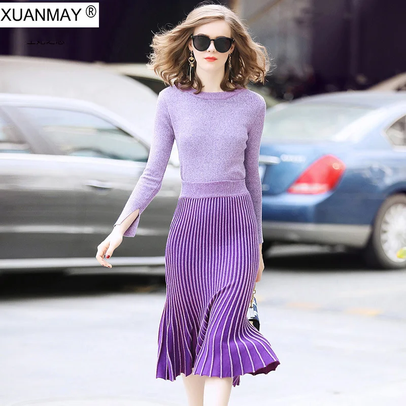 

Simple fashion Autumn women's knit Top and Skirt Two pieces suit Temperament Sweater top and pleated skirt Two-piece suit