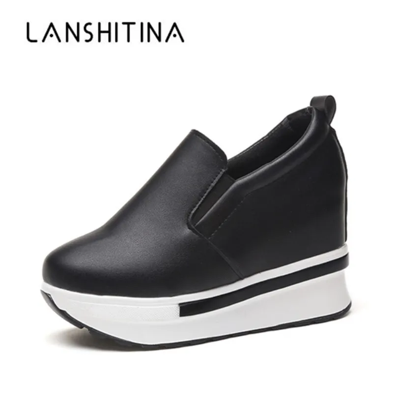 

2018 Leather Casual Fashion Spring Autumn Wedge Platform Shoes For Women Creepers Female Platform Slip on Increasing Sneakers