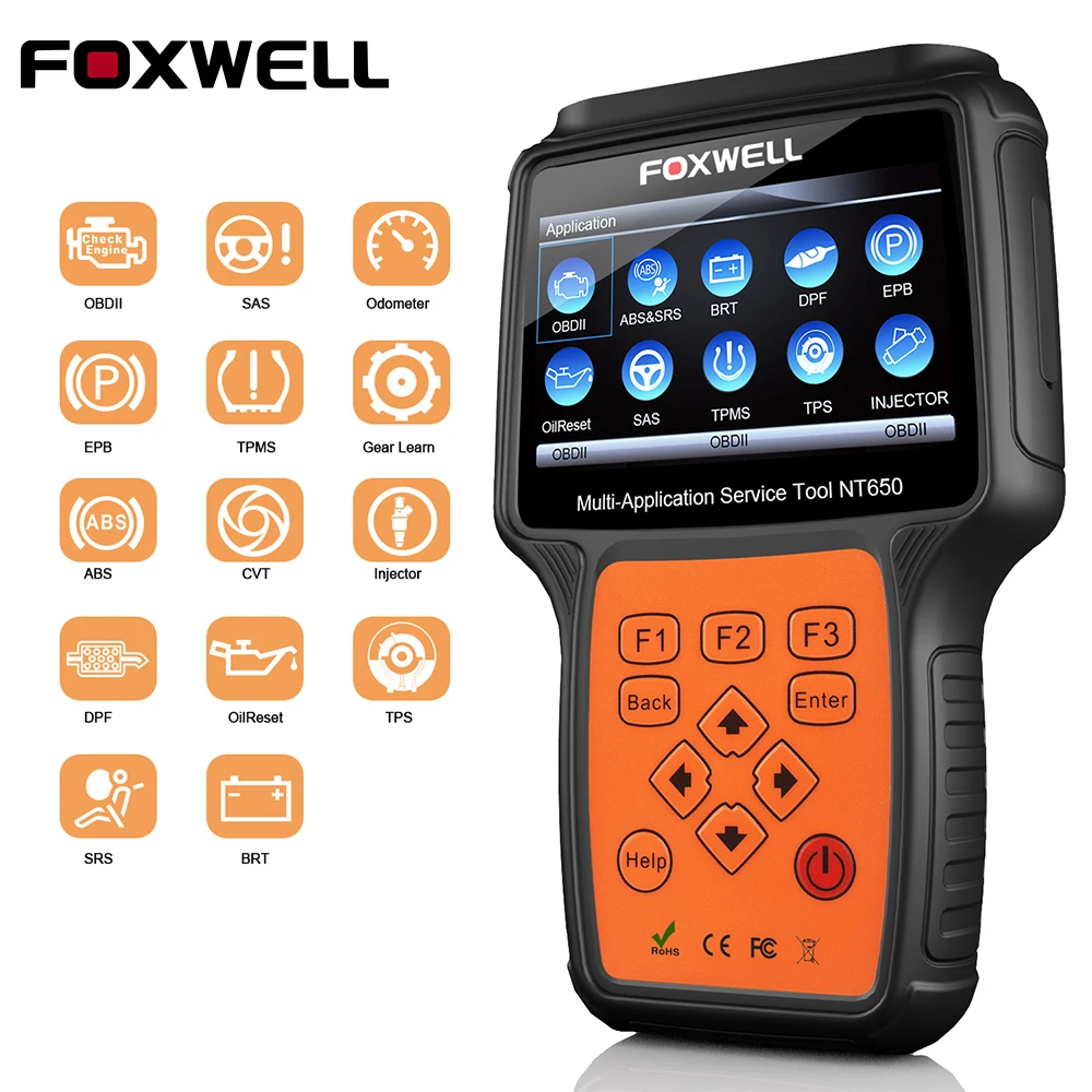 FOXWELL NT650 OBD2 диагностический инструмент автоматический сканер ABS SRS SAS EPB DPF 13 система специальные функции сброса OBD2 автомобильный сканер