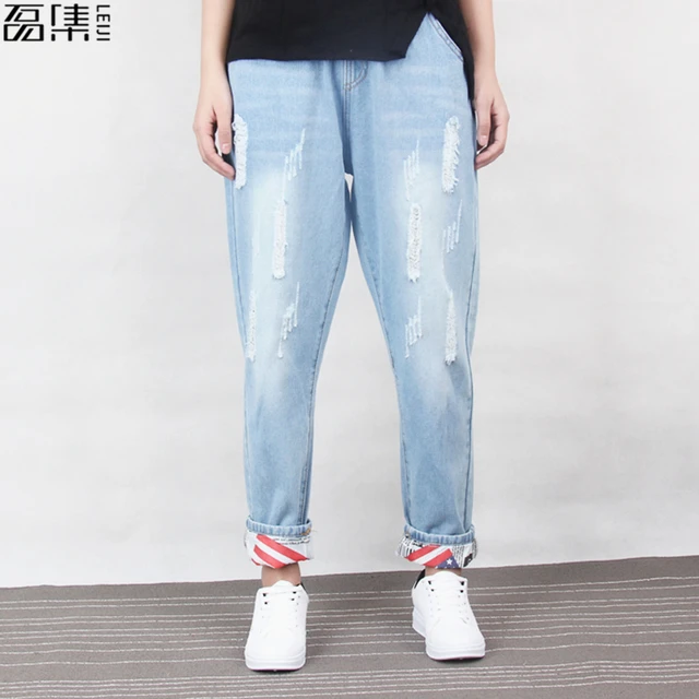 US $18.24 Ripped Jeans Women Boyfriend Cotton Drawstring Mom Jeans Plus Size Loose Denim Harem Pant 6xl