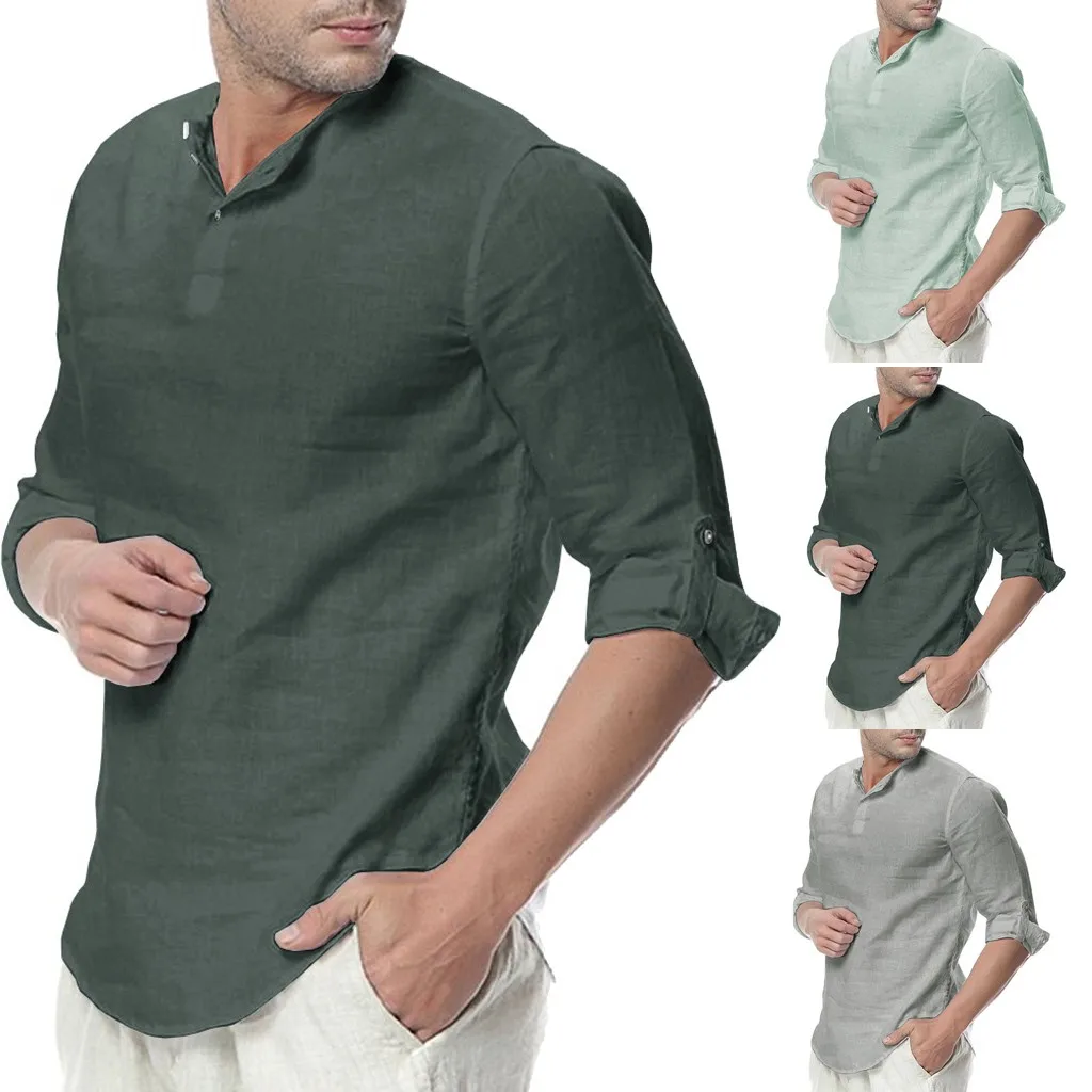 

Mens Linen Button Three Quarter Sleeve Solid Color Loose Casual T Shirt Blouse