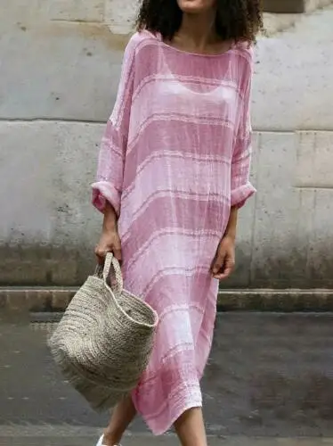 

Boho Casual Loose Striped Maxi Dress Women Summer Holiday Cotton Linen Striped Long Boho Beach Maxi Dress Plus Size