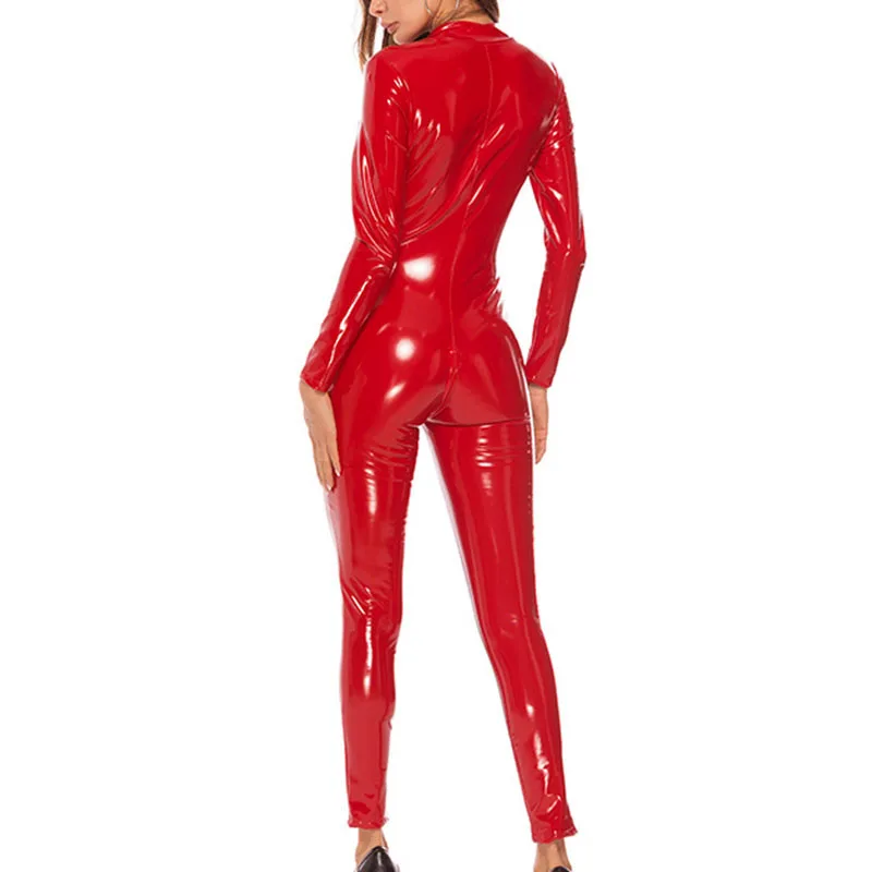 النساء نظرة ويت زيبر بو الجلود طويل كم Clubwear بذلة ارتداءها الزي