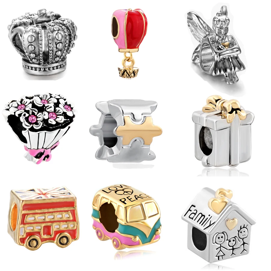 

Free Shipping Hot Air Balloon Rose flower Love peace family Bead Charm Fit Original Pandora Bracelet Trinket DIY women Jewelry
