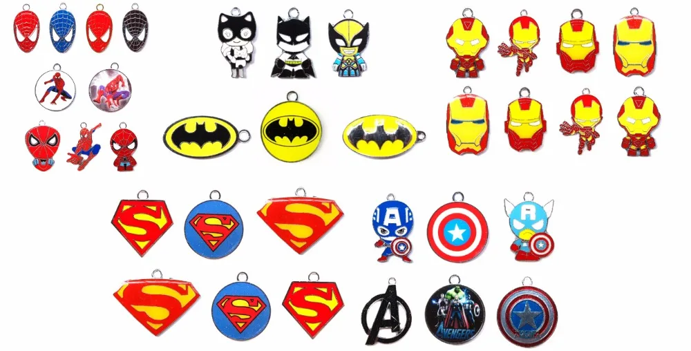 

Lot 100pcs Cartoon Avengers hero mixed Enamel Metal Charm Pendants DIY Jewelry Making Mobile Phone Accessories z-0088
