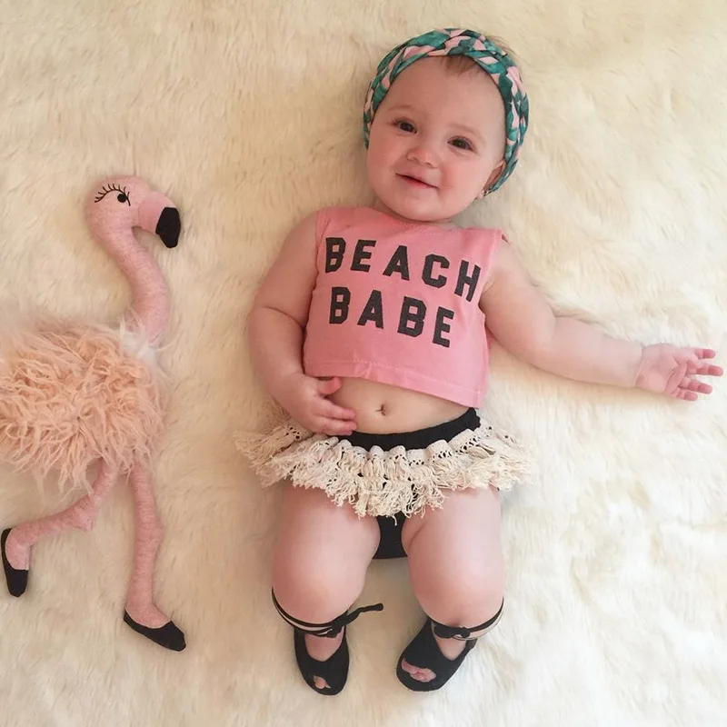 

Girls Clothing Set Newborns Toddler 2018 Pink Tops Beach Babe Vest+Tassels Shorts 2pcs/Set Suit For Infants