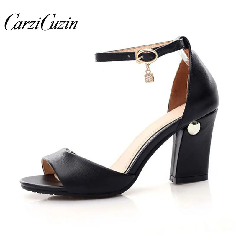 

RIZABINASize Genuine Leather Women High Heel Sandals Ankle Strap Thick Heel Shoes Women Classic Office Footwear Size 34-43