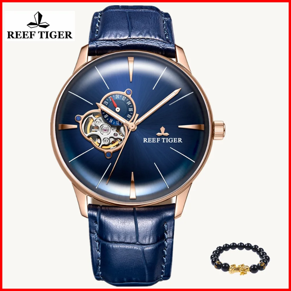 

2019 Reef Tiger/RT Designer Casual Watch Mens Convex Lens Rose Gold Blue Dial Automatic Watches for Men Gift Relogio Masculino