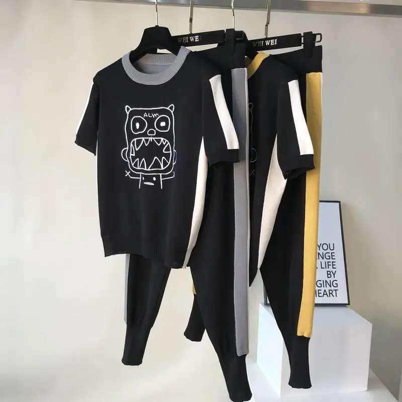 Женский трикотажный брючный костюм ALPHALMODA милый в стиле преппи с вышивкой из