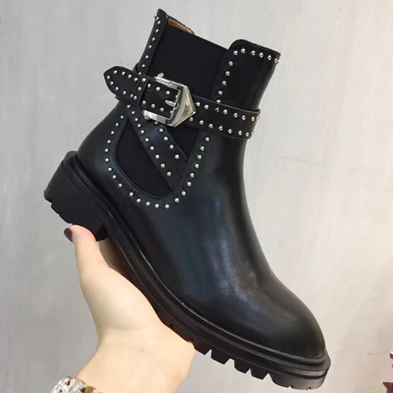 Genou Bottes Ceinture Long Silla Bas Haute Rond Dirigeants En Véritable Talons black Short Cuir Boucle Moto Chevalerie Métal Bout Femmes De Black 35uKJF1Tlc