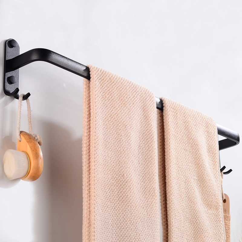 Towel Bars Aluminum Wall Mounted Bathroom Towel Rack Holder with Hooks Black Decorative Clothes Towel Rail Hanger Storage Shelf