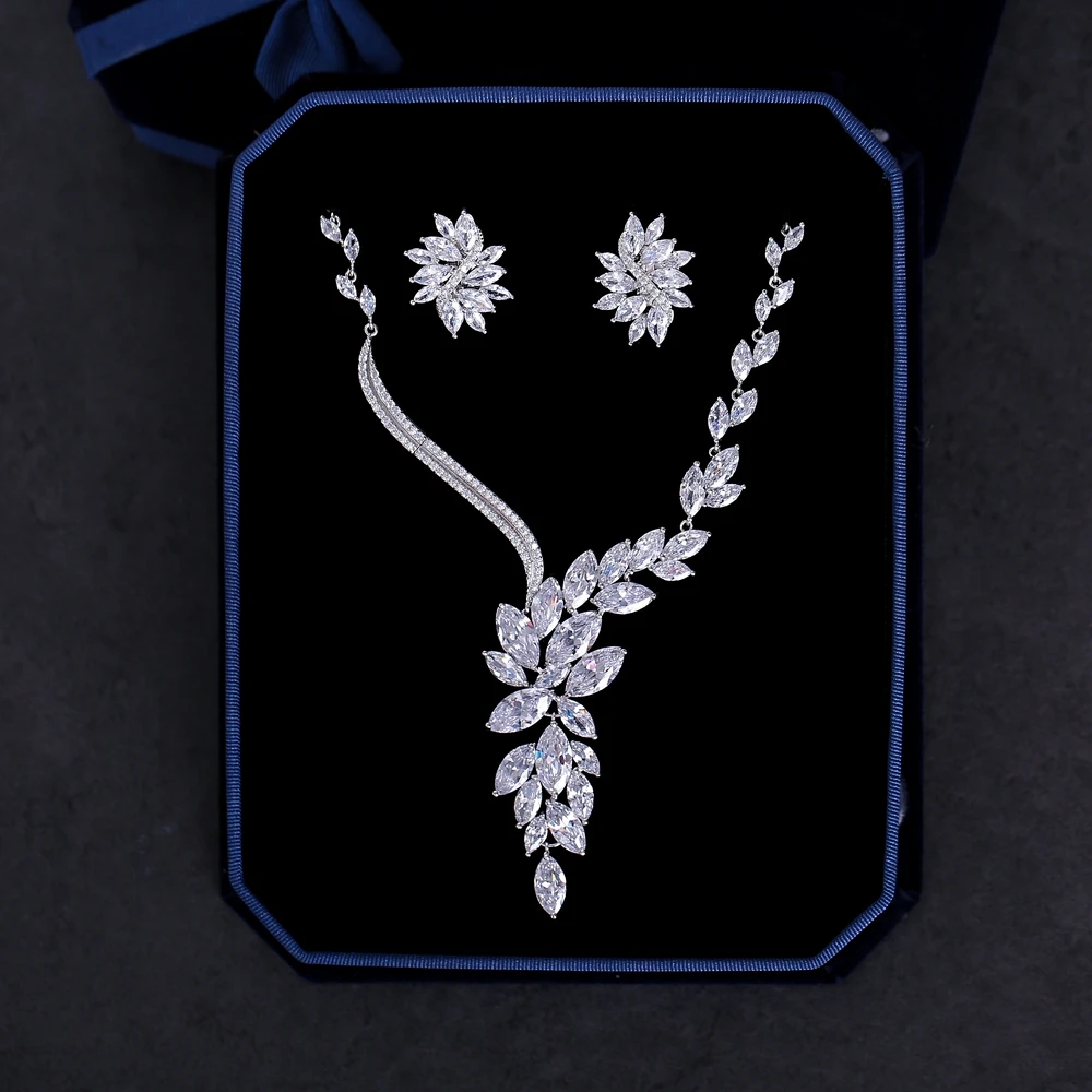 

Gorgeous Cubic Zirconia Necklace Statement Vintage Wedding Bridal Jewelry Sets Marquise Zircon Stone Stud Earrings Women Bijoux