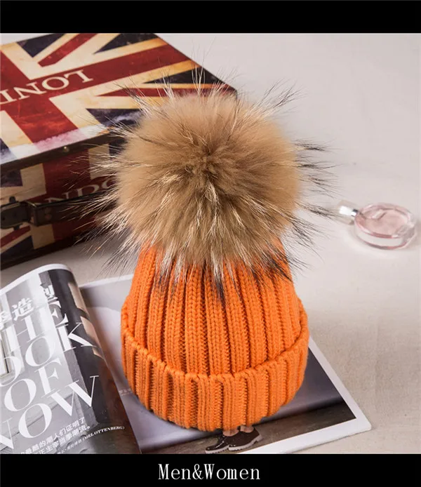 Детские зимние шапки из натурального меха, детские вязаные шапки с помпонами для маленьких мальчиков и девочек, теплая одежда DWQ008 - Цвет: adult orange