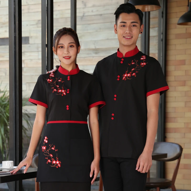 

Short Sleeve Working Clothes 2019 Summer Hotel Flower Print Shirt+Apron Set Coffee Shop Waiter Uniform Cheap Restaurant Workwear