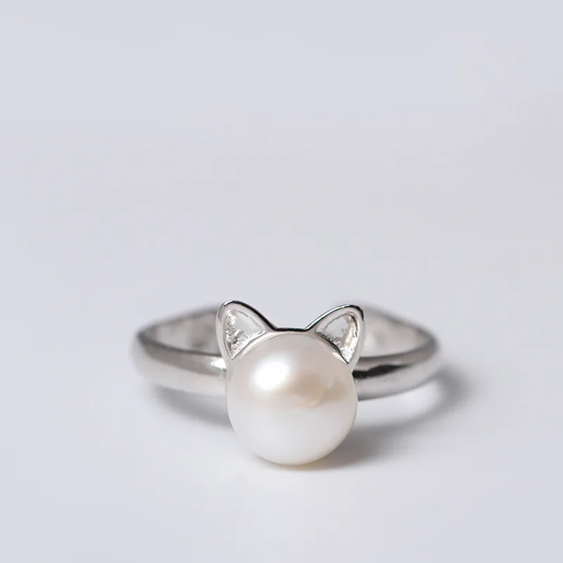 cat pearl simple Rings 100% Sterling 925 silver Jewelry Vintage Adjustable rings for women gift