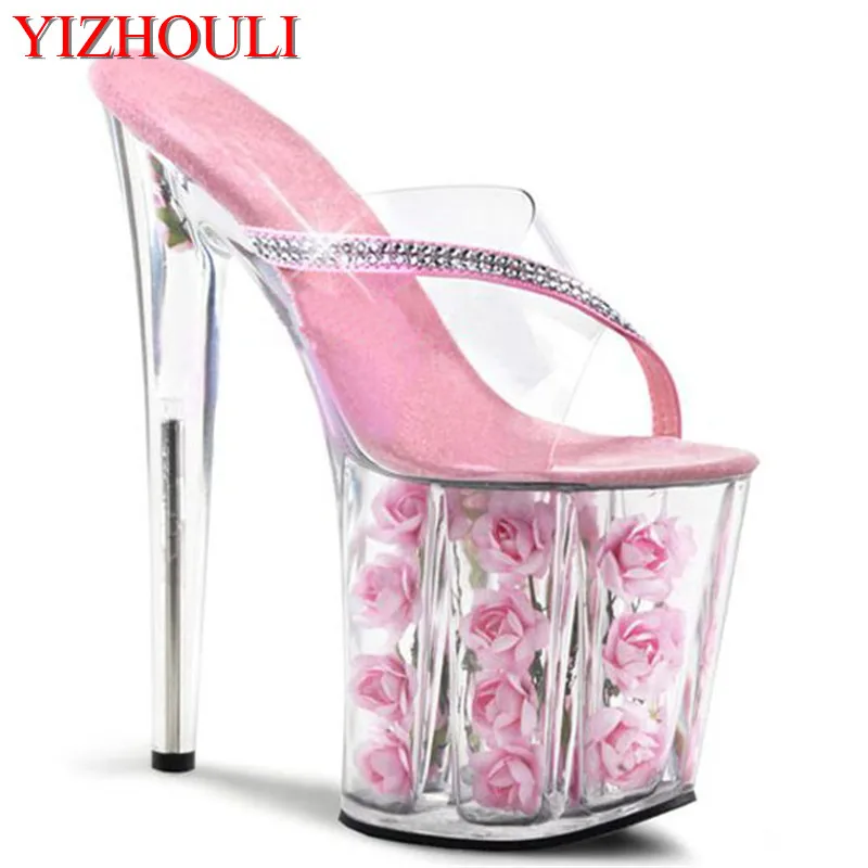 

Sexy Exotic Dancer Shoes 8 Inch Pink Flowers For Wedding Crystal Shoes 20cm High-Heeled Shoes Rose Platform Women Slippers