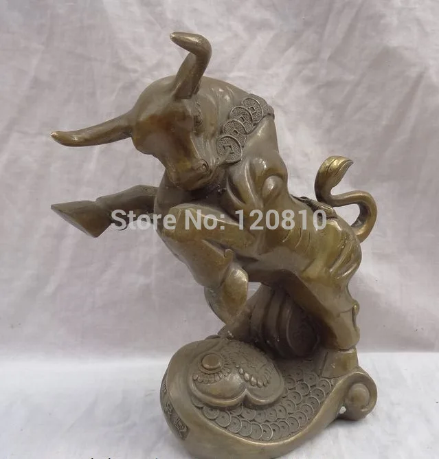 

8" Chinese Bronze Animals Sculpture JiXiang Bull Ox On Wealth Coin RuYi Statue