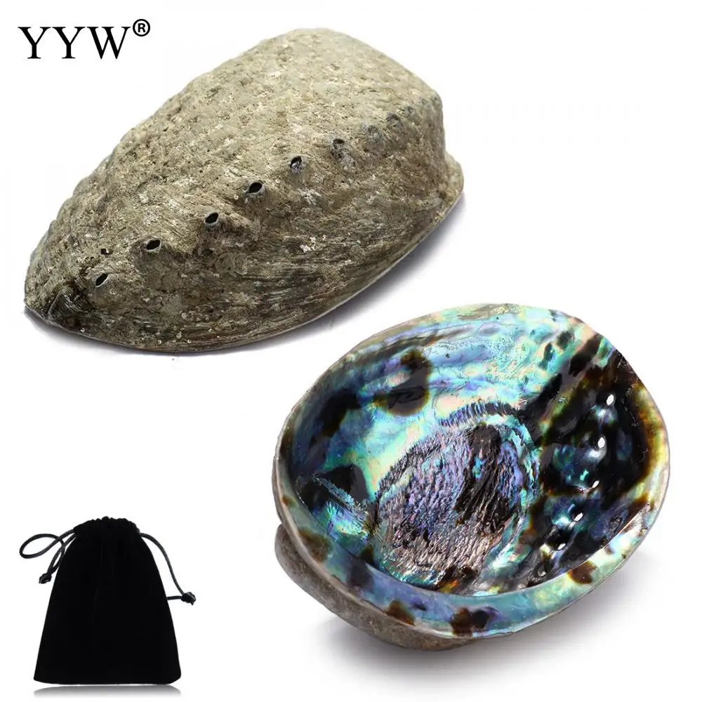 

YYW New Large Abalone Shell(4-6") Rainbow Multicolor Oval Smudge Bowl With Velvet Pouch Hole Shell Jewelry Holder For Gift