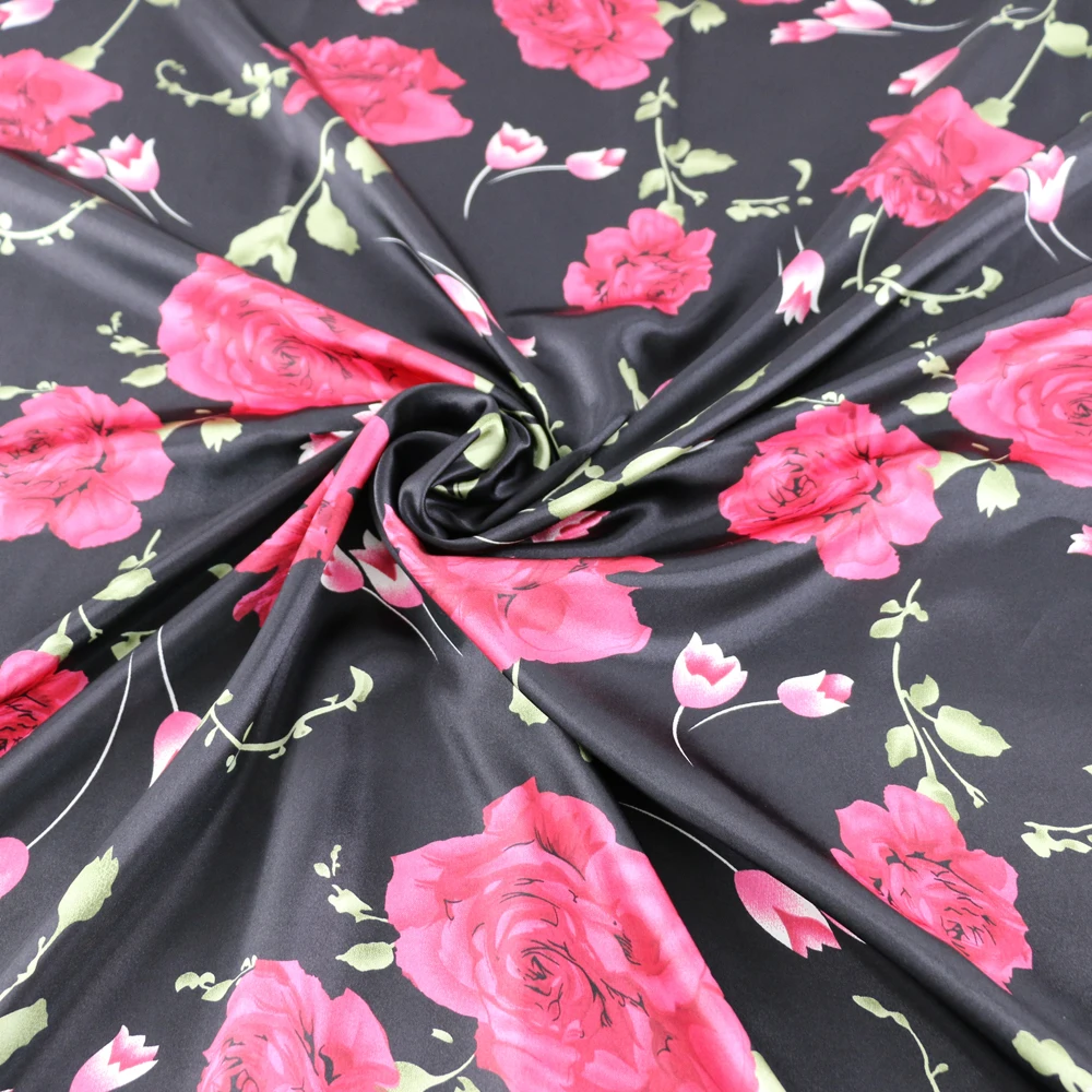 Rose Floral polyester Print Satin Cloth Fabric Imitate Silk Material