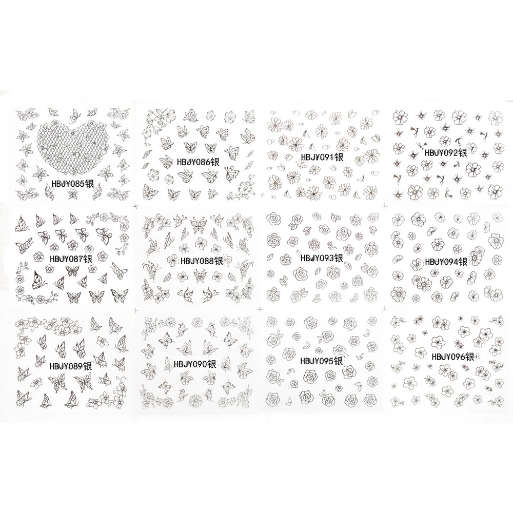 

12 SHEETS NAIL ART 3D SELF ADHESIVE GOLD SILVER BLACK WHITE STICKER DECAL SLIDER BUTTERFLY DAISY ROSE HEARTS HBJY85-96