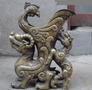 

xd 001678 China Royal Palace Bronze Copper Foo Dog beast with phoenix cup Zun Vase Statue